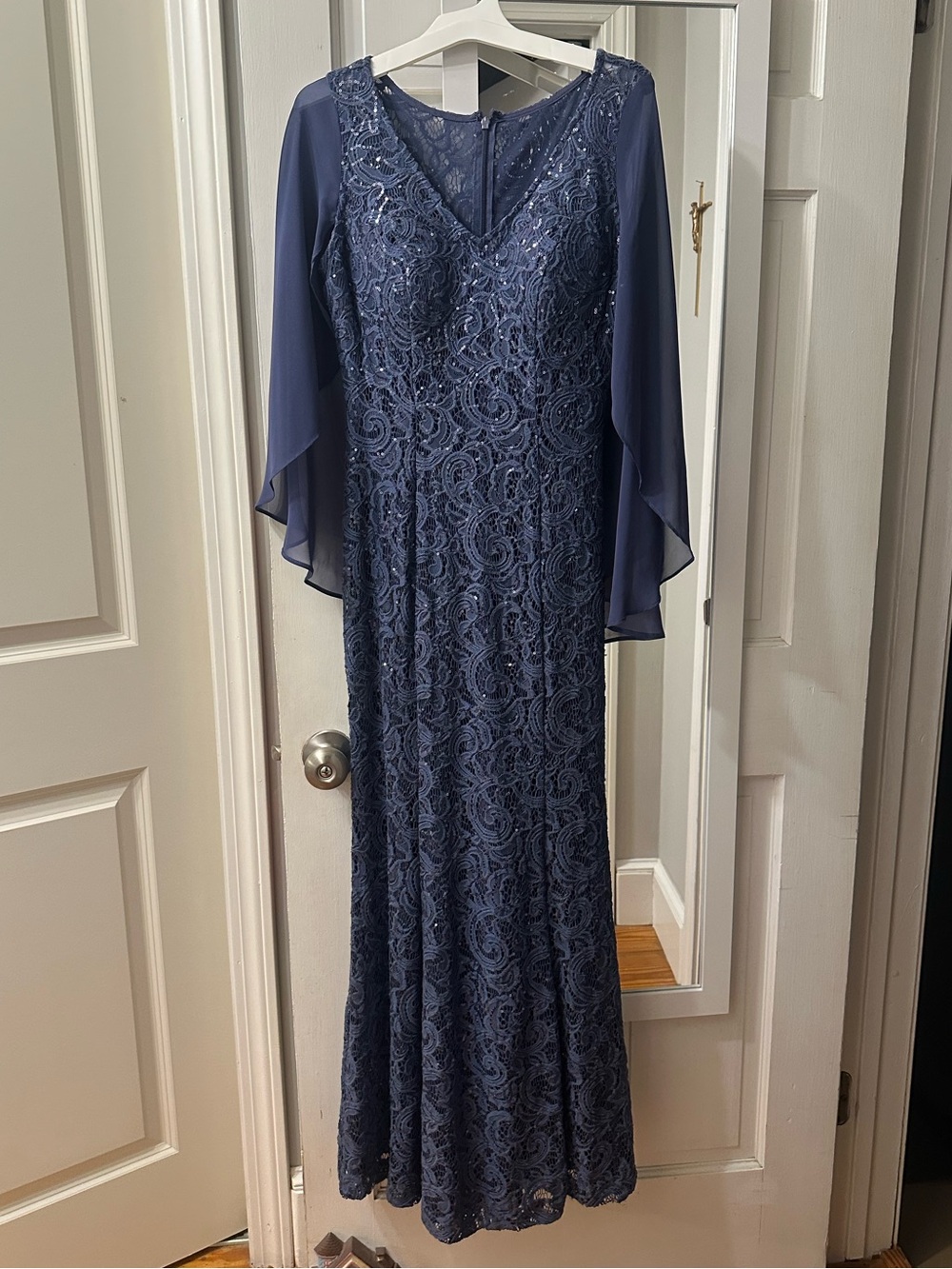 Alex Evenings Navy Lace Long Sleeve Evening Gown